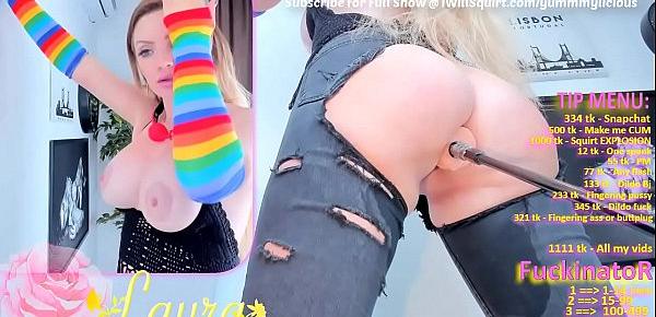  Big Butt Ball Gag Chick in Ripped Jeans Squirts and Creams on Fuck Machine